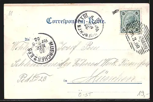 Lithographie Rottenmann, Kaiser Franz Josef-Jubiläumsbrunnen, Ortsansicht mit Kirche