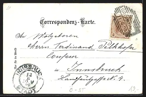 Lithographie Gröbming, Ortsansicht mit Kamp-Spitz, Schutzhaus am Stoder mit Dachstein, Salzafall