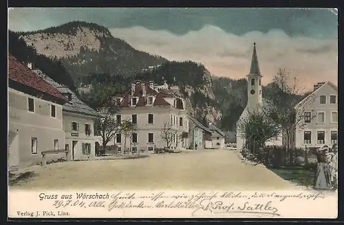 AK Wörschach, Ortspartie mit Kirche
