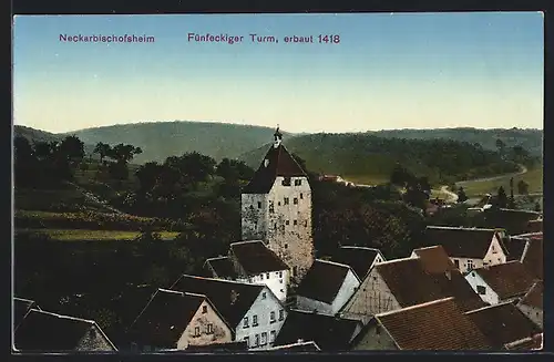 AK Neckarbischofsheim, Fünfeckiger Turm aus der Vogelschau