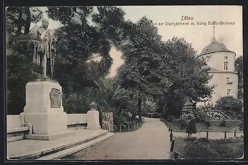 AK Zittau, König Albert-Denkmal mit Stadtgärtnerei