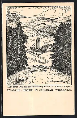 Künstler-AK Schönau-Wiesental, Evangl. Kirche