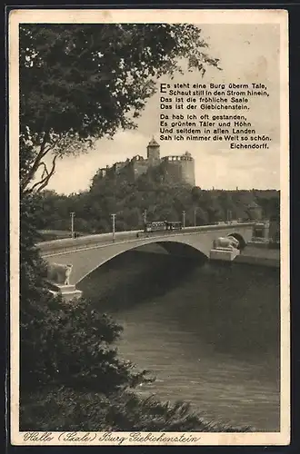 AK Halle /Saale, Burg Giebichenstein und Strassenbahn auf der Brücke
