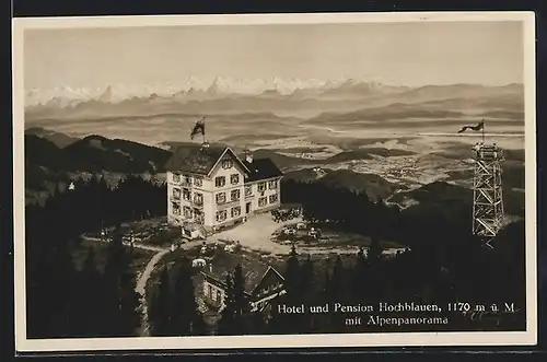 AK Badenweiler, Hotel und Pension Hochblauen mit Alpenpanorama