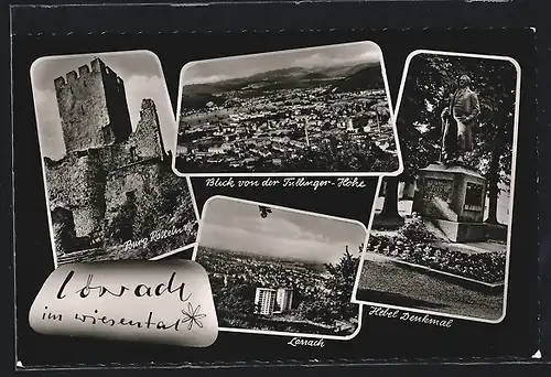 AK Lörrach, Burg Rötteln, Blick von der Tüllinger-Höhe, Hebel-Denkmal