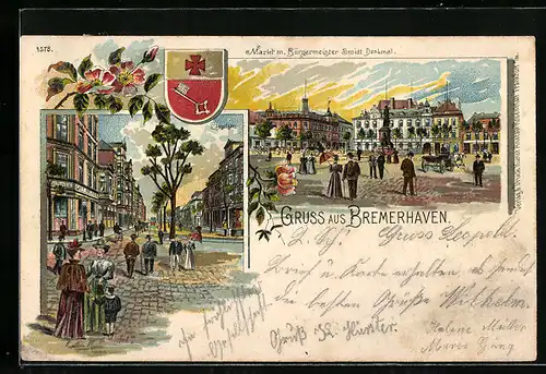 Lithographie Bremerhaven, Markt mit Bürgermeister Smidt Denkmal, Lloydstrasse, Wappen