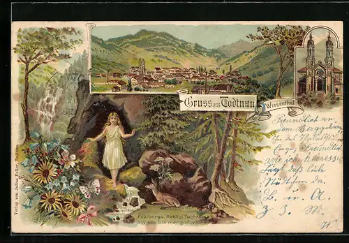 Lithographie Todtnau /Wiesenthal, Panorama, Kirche