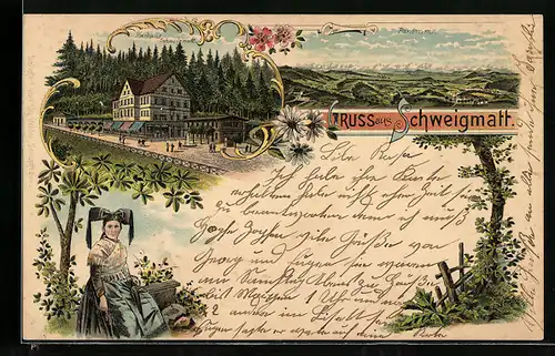 Lithographie Schweigmatt, Kurhaus Schweigmatt, Frau in Tracht, Panorama