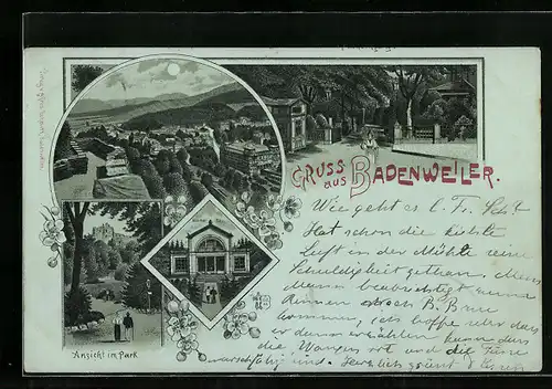 Mondschein-Lithographie Badenweiler, Marmor Bad, Ansicht im Park, Ortsansicht im Vollmondlicht