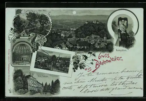 Lithographie Badenweiler, Ortsansicht aus der Vogelschau, Hotel Sommer, Schloss Hausbaden