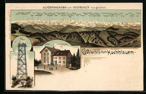 Lithographie Hochblauen, Hotel Hochblauen, Aussichtsturm, Alpenpanorama mit Sardona, Tödi und Mythen