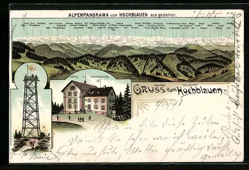 Lithographie Badenweiler, Hotel Hochblauen und Alpenpanorama