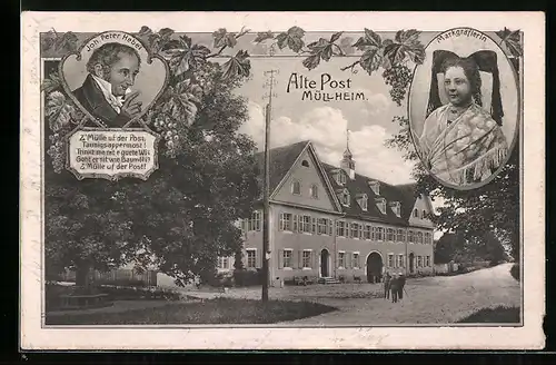 AK Müllheim, Alte Post, Porträt von Joh. Peter Hebel, Markgräflerin in Tracht