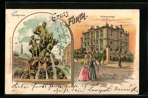 Lithographie Fürth, Freimaurerloge mit Strasse und Passanten, Kunstbrunnen