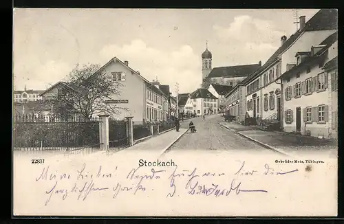 AK Stockach, Strassenpartie mit Conditorei H. Pfeiffer, Blick zur Kirche