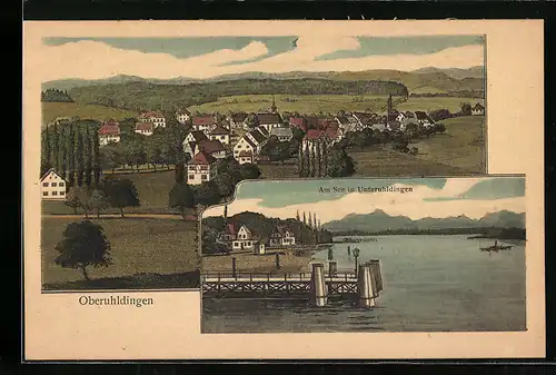 Künstler-AK sign. Hans Pernat: Oberuhldingen, Gesamtansicht, Seebrücke