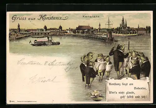 Lithographie Konstanz, Blick vom Wasser auf die Stadt, Froschchor