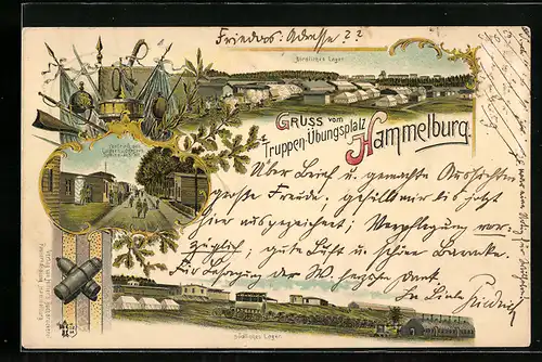 Lithographie Hammelburg, Truppen-Übungsplatz, Centrale des Lagers u. Offiziers Speise-Anstalt, Baracken-Lager, Südseite