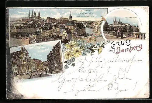 Lithographie Bamberg, Martinskirche, Michaelsberg und Blick über die Stadt