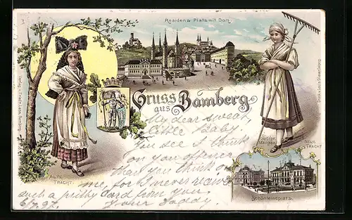 Lithographie Bamberg, Residenz Platz mit Dom, Schönleinsplatz, Alte Tracht und Neue Tracht