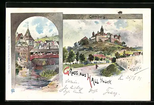 Lithographie Hall, Comburg und Ortspartie
