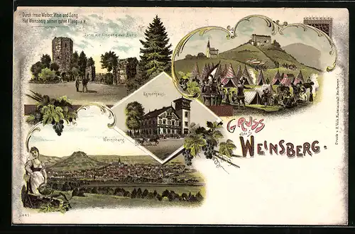 Lithographie Weinsberg, Turm mit Eingang der Burg, Kernerhaus, Ortsansicht