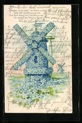 Künstler-AK Blumenbild, Windmühle aus blauen Blüten