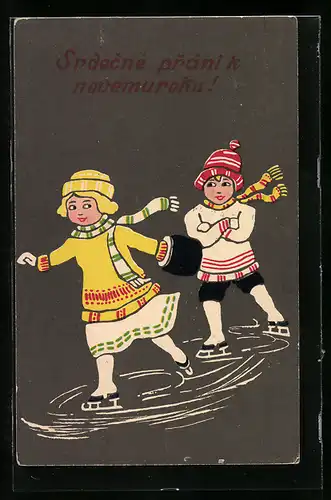 Künstler-AK Kinder mit Mütze, Schal und Muff beim Schlittschuh laufen