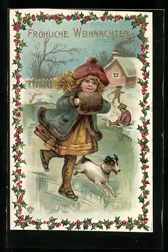 AK kleine Schlittschuhläuferin mit Muff und Hund, Neujahr