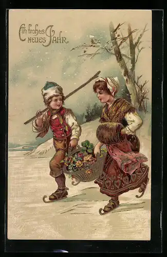 AK Kinder auf Schlittschuhen mit Blumenkorb