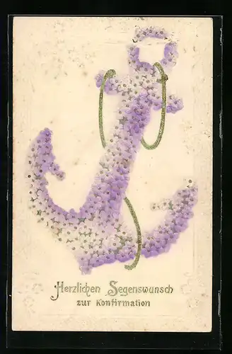 Künstler-AK Blumenbild, Anker aus lilafarbenen Blüten