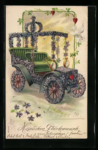 AK Blumenbild, Auto geschmückt mit blauen Blumen