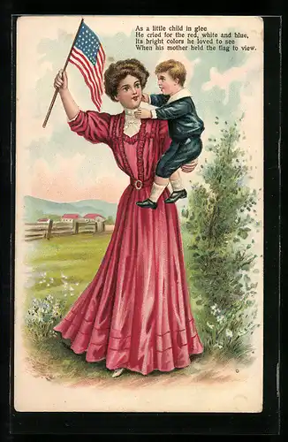 Künstler-AK Mutter mit ihrem Sohn im Arm und eine Amerika Flagge schwenkend