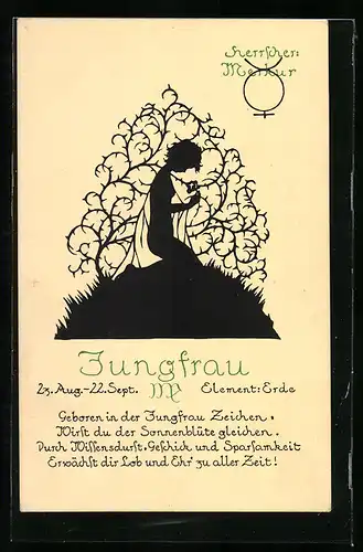 Künstler-AK Sternzeichen Jungfrau, 23. Aug.-22. Sept, Element Erde, Herrscher Merkur, Schattenbild