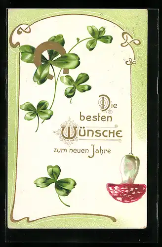 AK Kleeblätter mit Hufeisen und Fliegenpilz, Neujahrsgruss