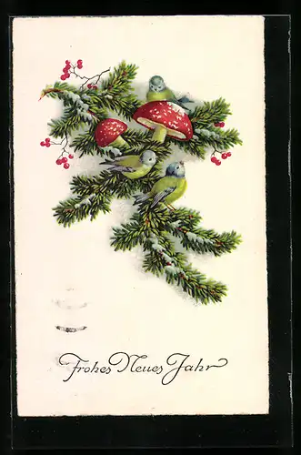 Künstler-AK Schneebedeckter Tannenzweig mit Pilzen und Blaumeisen