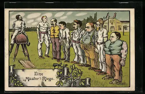 Künstler-AK Eine Muster-Riege, Turner macht vor wie man über ein Pferd springt, nun ist die Muster-Riege dran