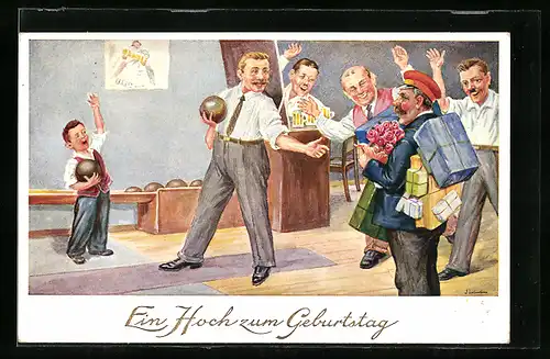 Künstler-AK Kegler feiert Geburtstag und bekommt vom Postboten Geschenke geliefert