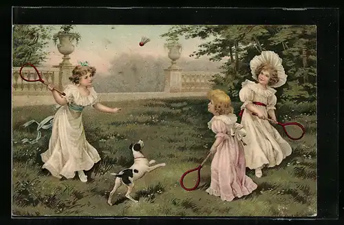 Künstler-AK Junge Mädchen spielen Tennis mit Hund