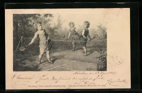 Künstler-AK Drei Kinder beim gemeinsamen Tennisspiel