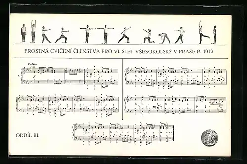 AK Prag, Sokol 1912, Turner und Notenblatt