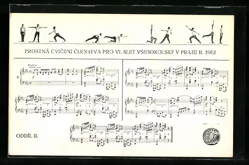 AK Prag, Sokol 1912, Turner und Notenblatt