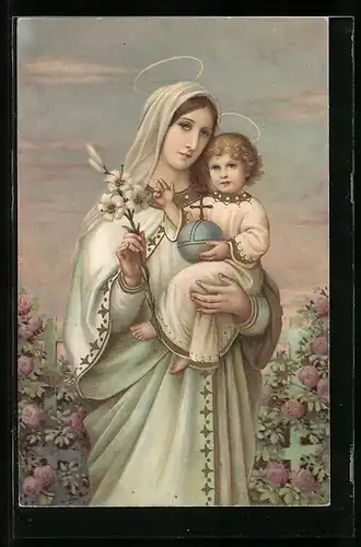 Künstler-AK Heilige mit Kind auf dem Arm, beide mit Heiligenschein