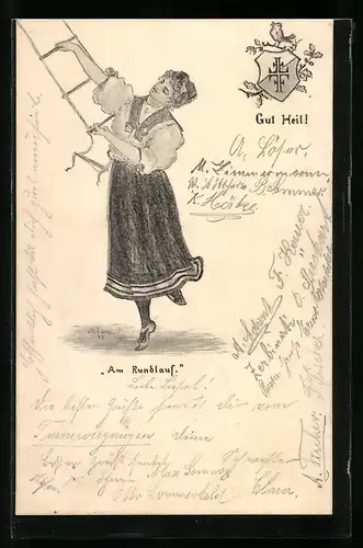 Künstler-AK Dame Am Rundlauf, Gut Heil!, Wappen