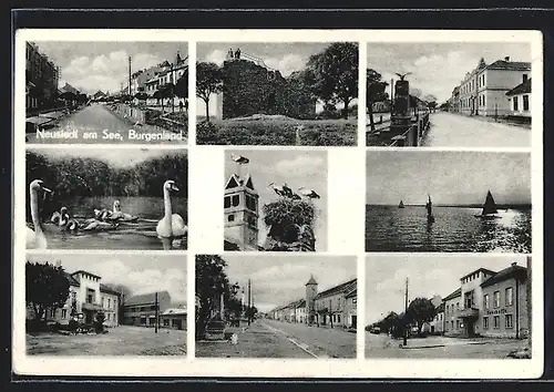 AK Neusiedl am See, Ortsansichten mit Strassemotiv, Storchennest und Sparkasse