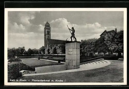 AK Kehl a. Rhein, Pionierdenkmal mit Kirche