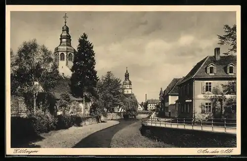 AK Ettlingen, Partie an der Alb, Blick zur Kirche