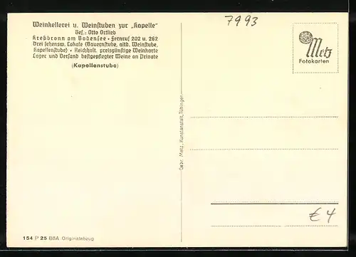 AK Kressbronn, Weinkellerei u. Weinstuben zur Kapelle, Bes. Otto Ortlieb, Kapellenstube