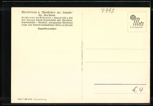 AK Kressbronn am Bodensee, Weinkellerei und Weinstuben zur Kapelle, Bes. Otto Ortlieb, Kapellenstube