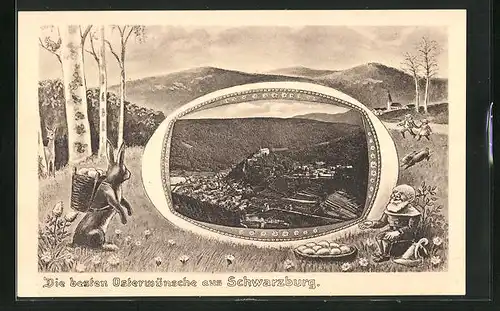 Grusskarten-AK Schwarzburg, Panoramablick auf den Ort, Osterhase und Zwerg